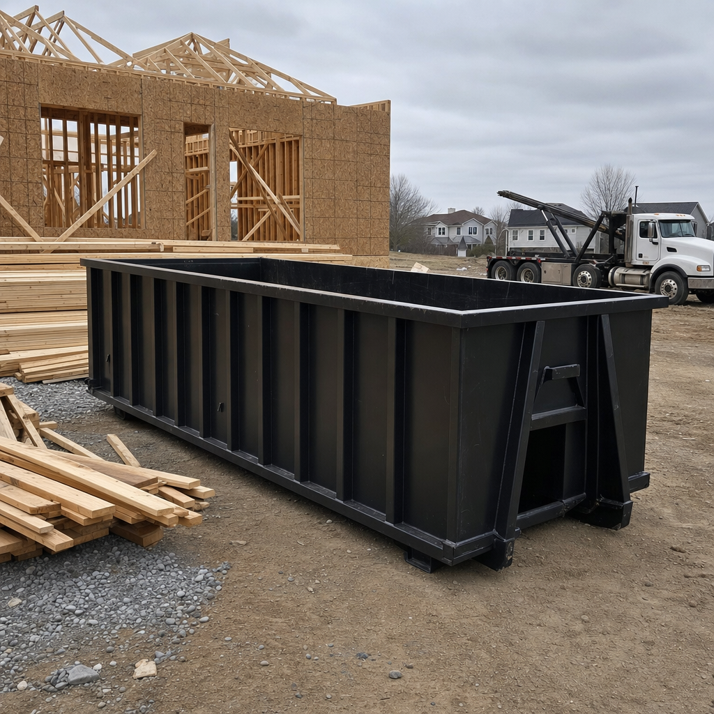 Matte-black 40-yard roll-off dumpster staged on a framed-out residential construction site in Delray Beach, framing lumber stacked nearby, hooklift delivery truck visible in the background under bright Colorado daylight