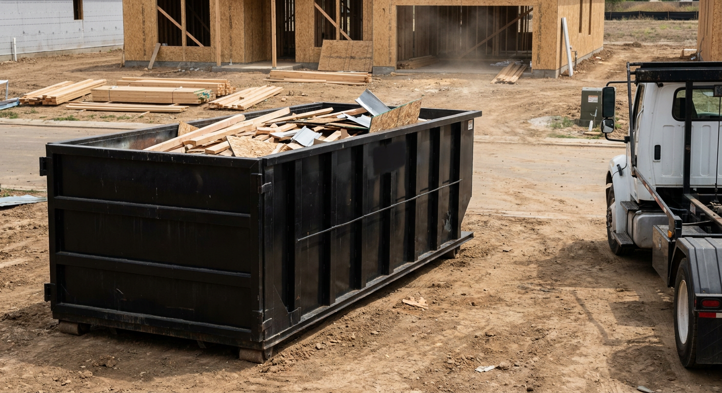 Matte-black 20-yard roll-off construction dumpster with heavy ribbed steel sidewalls and swing rear doors at a working jobsite in Delray Beach, sitting directly on compacted dirt with an unmarked white hauler partially visible at the far edge of the frame.