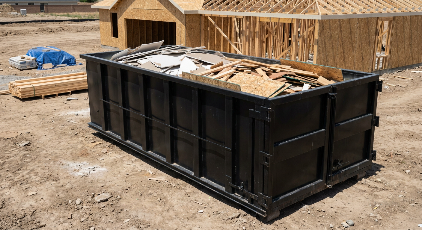 Matte-black 30-yard roll-off construction dumpster sitting directly on the compacted-dirt site of a framed single-family home build in Delray Beach, drywall and lumber scrap loaded inside.