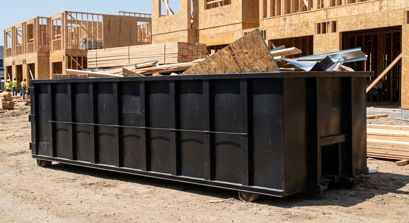Matte-black 40-yard roll-off construction dumpster being lowered from a white-cab hooklift delivery truck onto the compacted-dirt jobsite at a commercial build site in Delray Beach