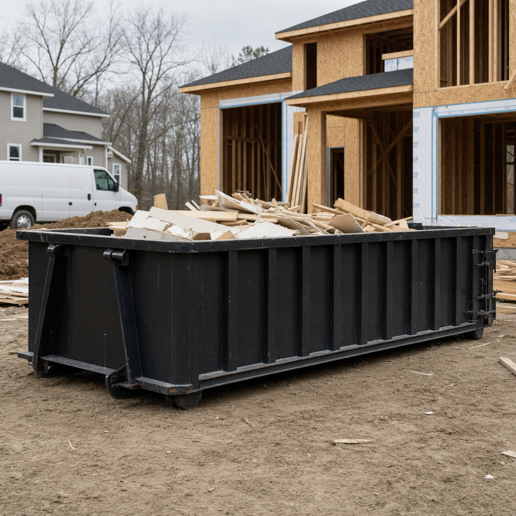 Worker in a yellow high-visibility vest tossing framing lumber and broken drywall into a matte-black 30-yard construction roll-off dumpster on an active build site in Delray Beach, bright daylight
