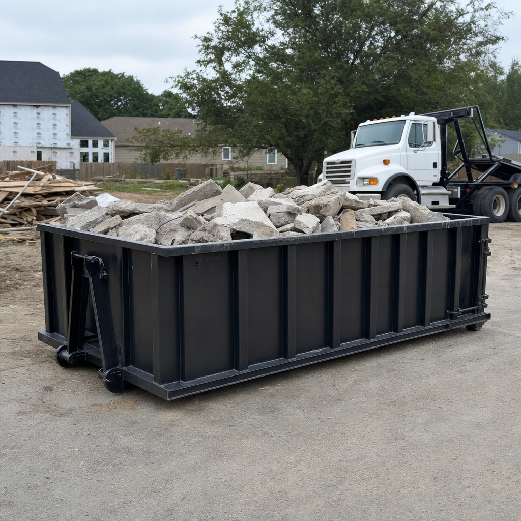 Low-profile matte-black lowboy roll-off dumpster loaded with broken concrete slab and rebar at a foundation tear-out in Delray Beach, skid steer parked beside it, sunny Colorado morning