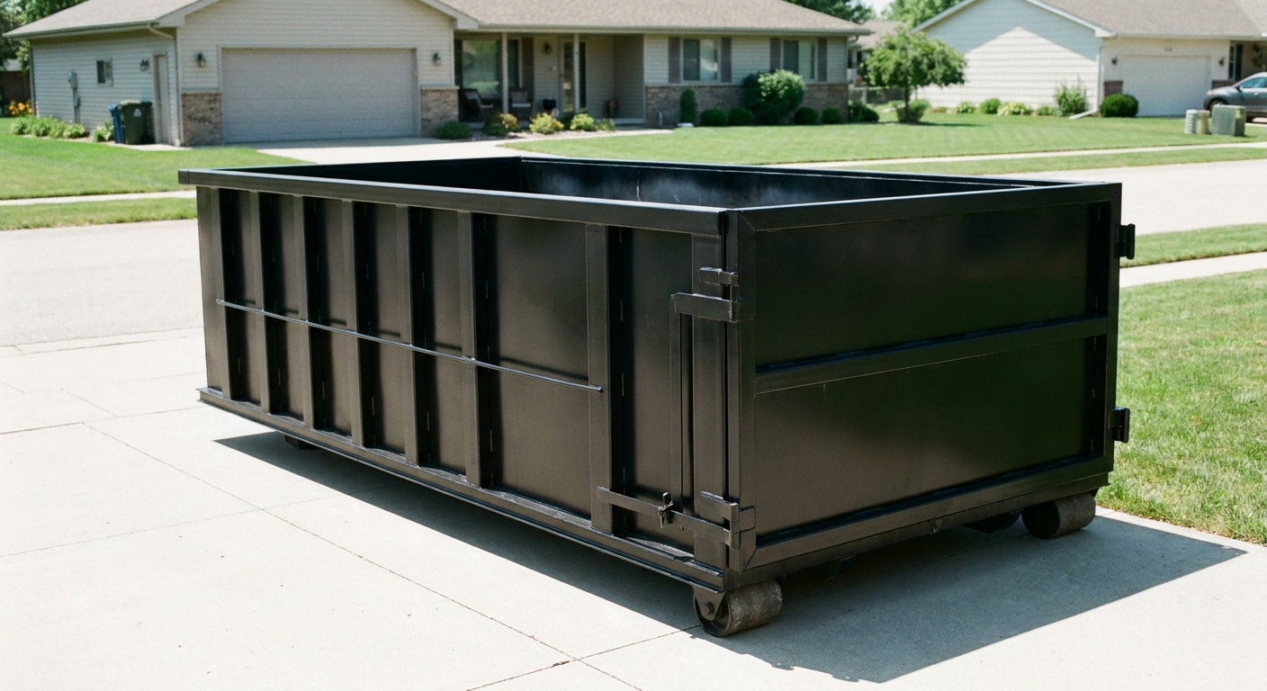 Matte-black 10-yard roll-off dumpster on a residential concrete driveway in Delray Beach, uniformly painted matte black across every panel and rail, ribbed steel sidewalls and rear swing door visible, mid-day daylight.