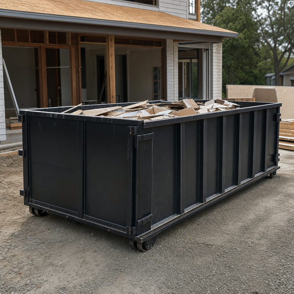 Large matte-black 30-yard construction roll-off dumpster at an active Delray Beach jobsite, steel-gray top rails and bottom rollers visible, loaded with construction debris.