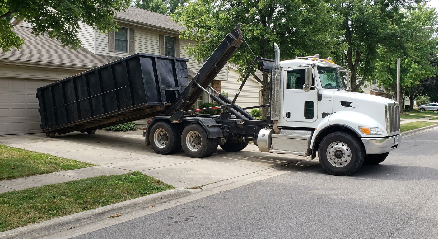 White-cab hooklift roll-off truck actively lowering a matte-black dumpster onto a Delray Beach residential concrete driveway, the dumpster's rear wheels touching the driveway as the hoist arm tilts the bed forward, mid-morning daylight.