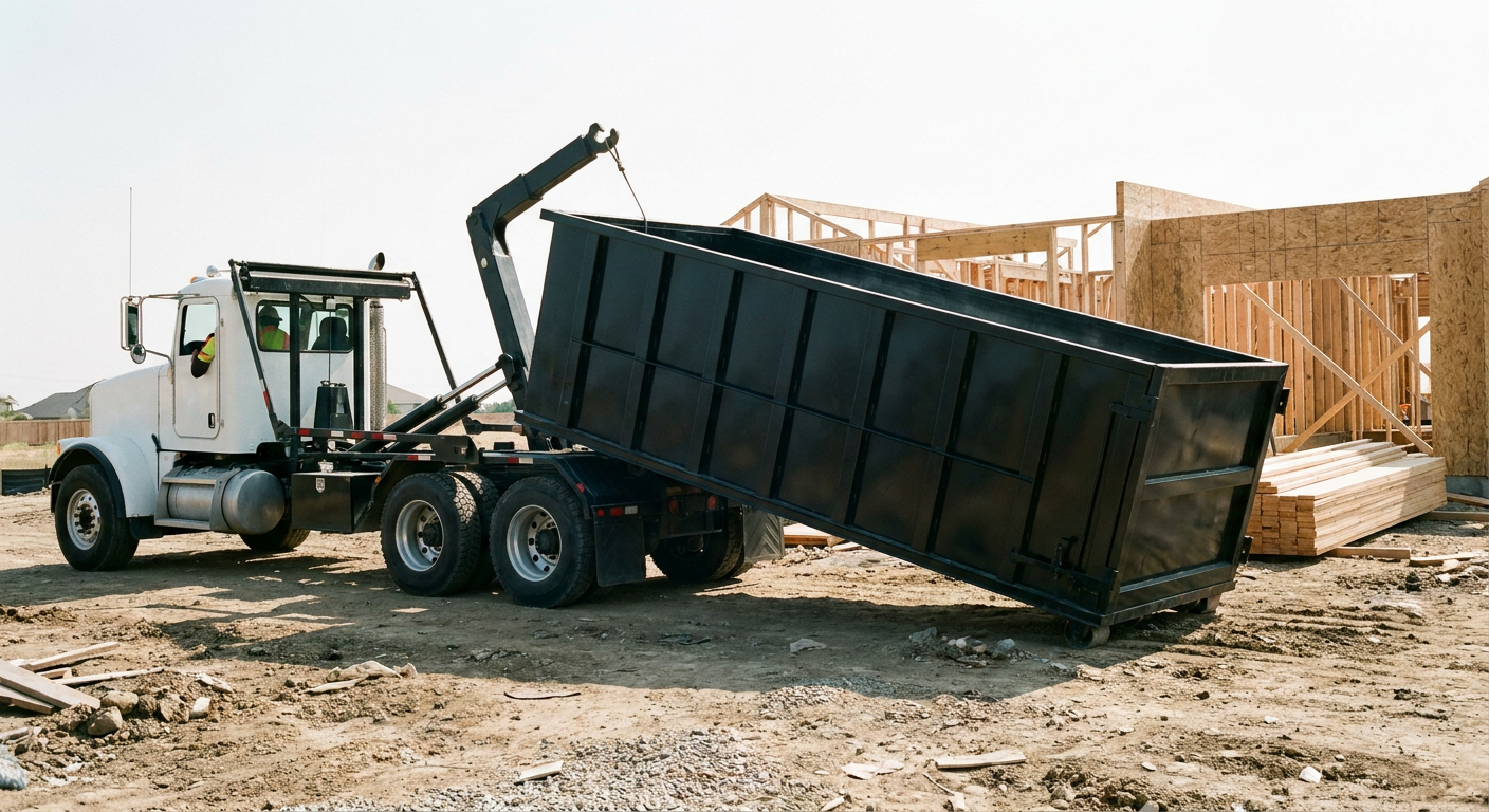 Matte-black roll-off dumpster being delivered onto a clean residential concrete driveway in Delray Beach by an unmarked white hooklift hauler truck, bright morning daylight, documentary 35mm perspective.