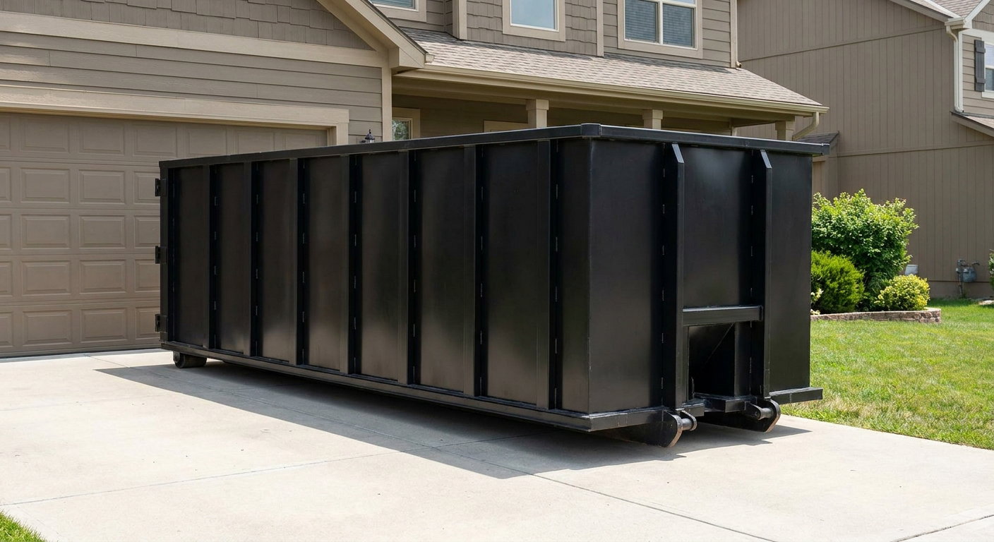 Matte-black residential roll-off dumpster sitting directly on a suburban Delray Beach concrete driveway, garage door closed, single-family home in background, bright morning daylight.