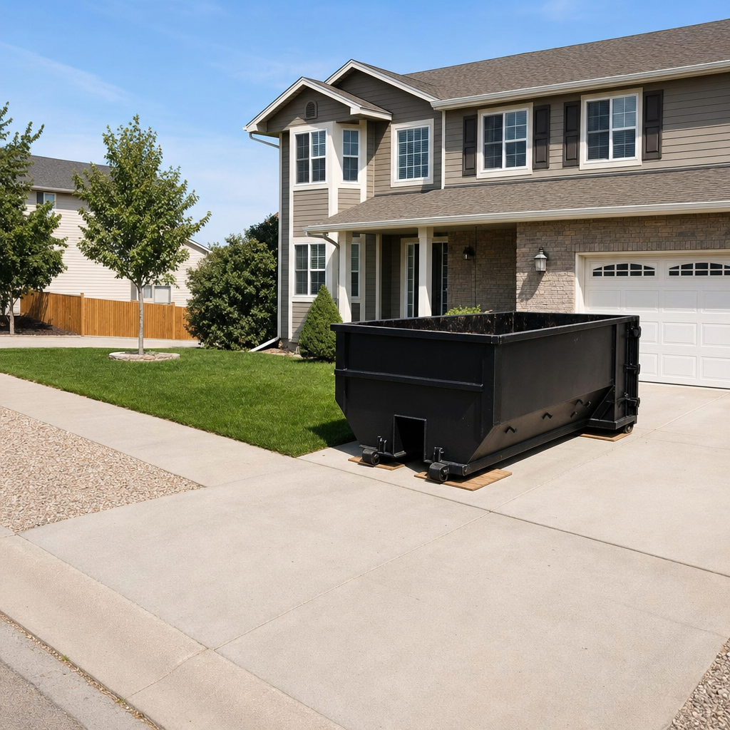 10-yard matte-black residential dumpster placed directly on a narrow Delray Beach concrete driveway, room remains for a parked sedan beside it, mid-morning natural light