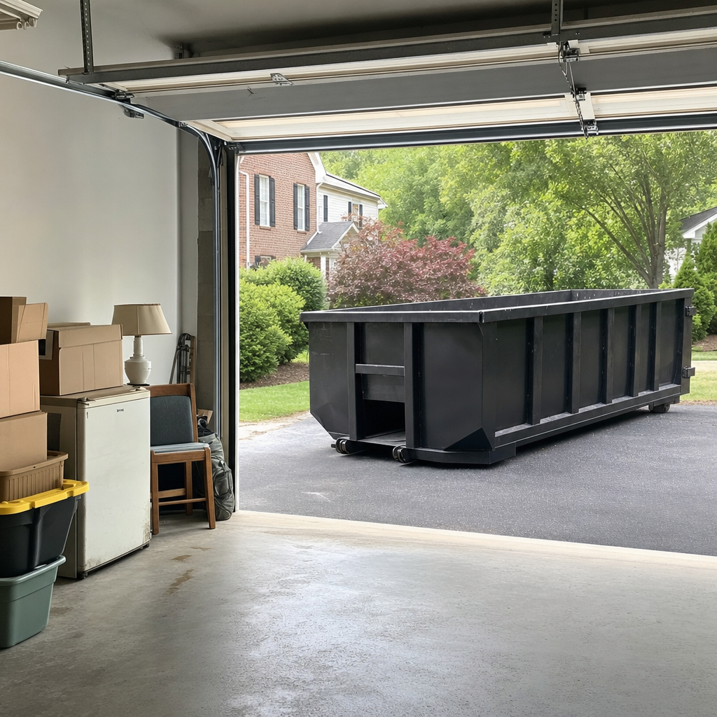 Open garage interior in a Delray Beach home mid-cleanout — boxed items, an old appliance, and stacked yard tools queued near the driveway for a matte-black roll-off dumpster, organized and calm