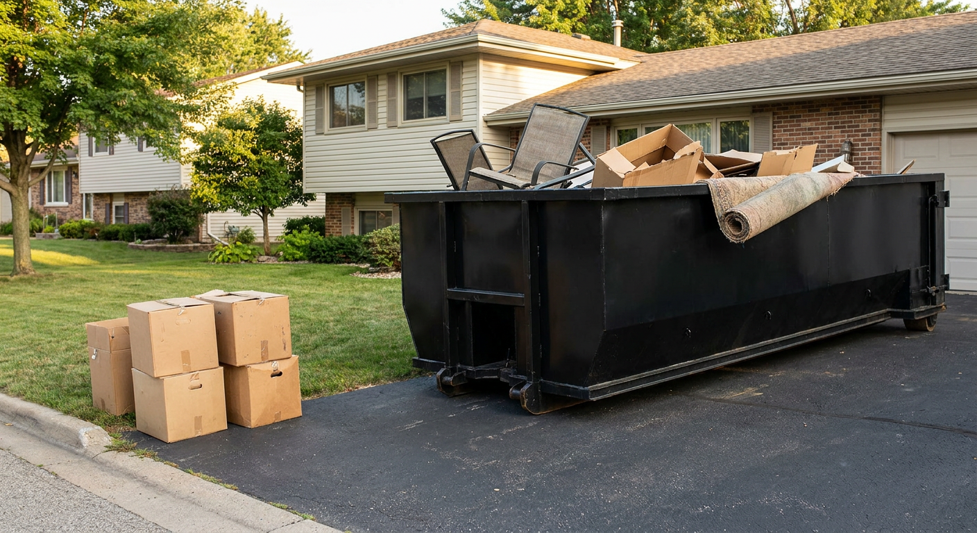 Front-yard view of a Delray Beach split-level home with a 20-yard matte-black roll-off dumpster sitting directly on the asphalt driveway, a few clearly labeled donation boxes staged at the curb, calm sunny afternoon.