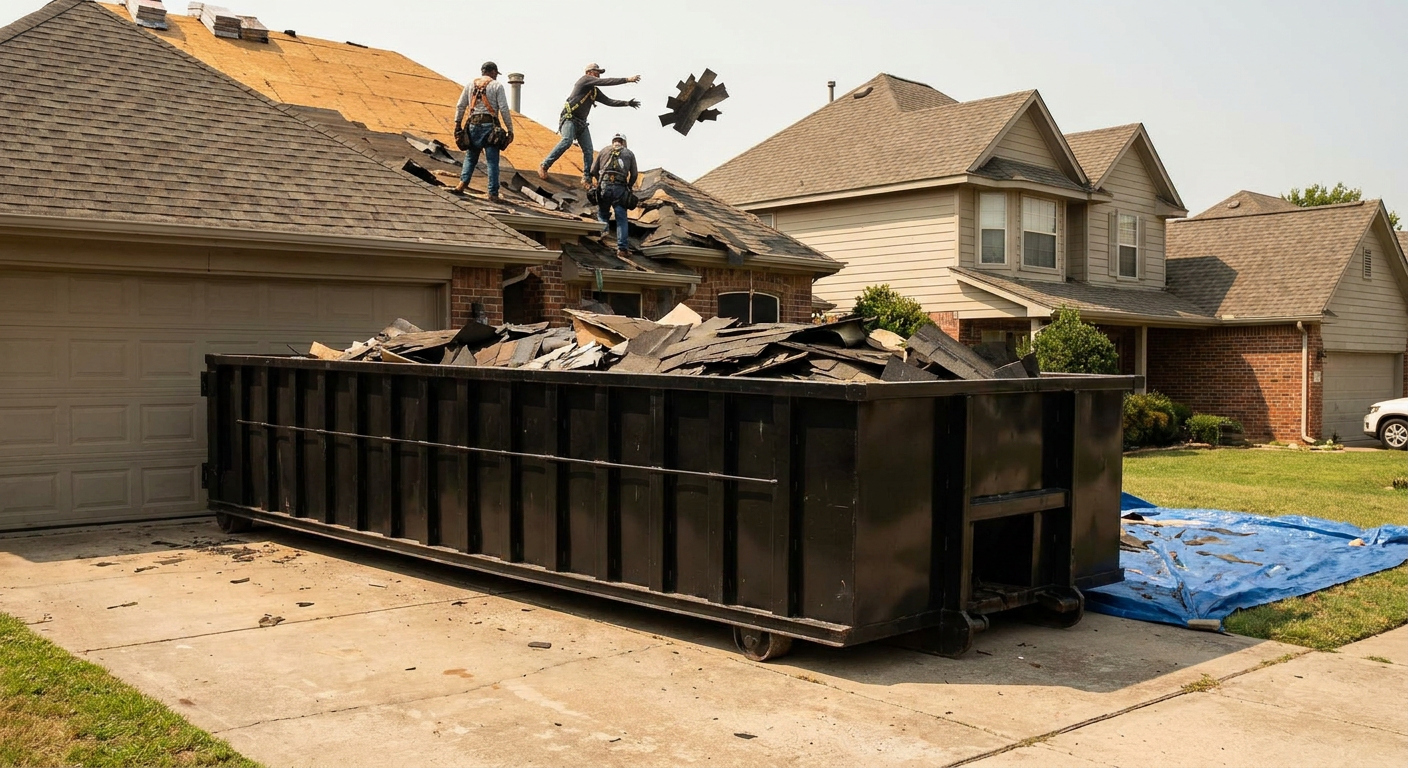Matte-black roofing roll-off dumpster placed directly on a Delray Beach residential concrete driveway, a tear-off crew on a two-story asphalt-shingle roof tossing shingle bundles into the low-walled container, bright daylight, documentary 35mm perspective.