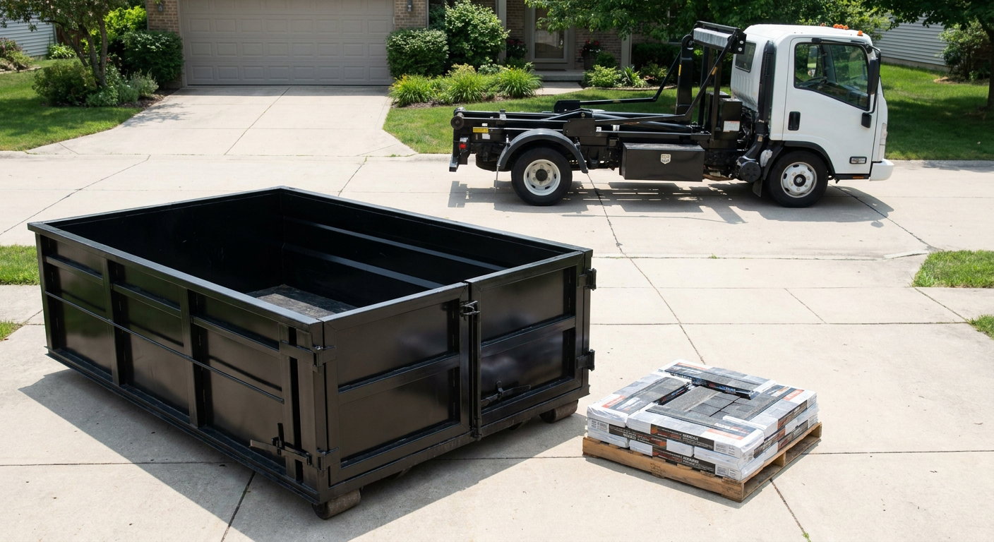 Matte-black 15-yard roofing roll-off dumpster with reinforced low side walls sitting directly on a Delray Beach residential concrete driveway, three-tab asphalt shingle bundles stacked nearby, an unmarked white hauler truck partially visible at the edge of the frame.