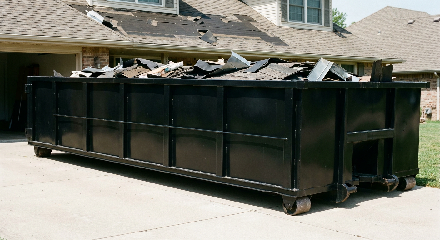 Matte-black 20-yard roofing roll-off dumpster with steel ribbed sides and swinging rear door, sitting directly on the concrete driveway of a two-story Delray Beach home, asphalt shingle debris being loaded over the low wall, clean documentary lighting.