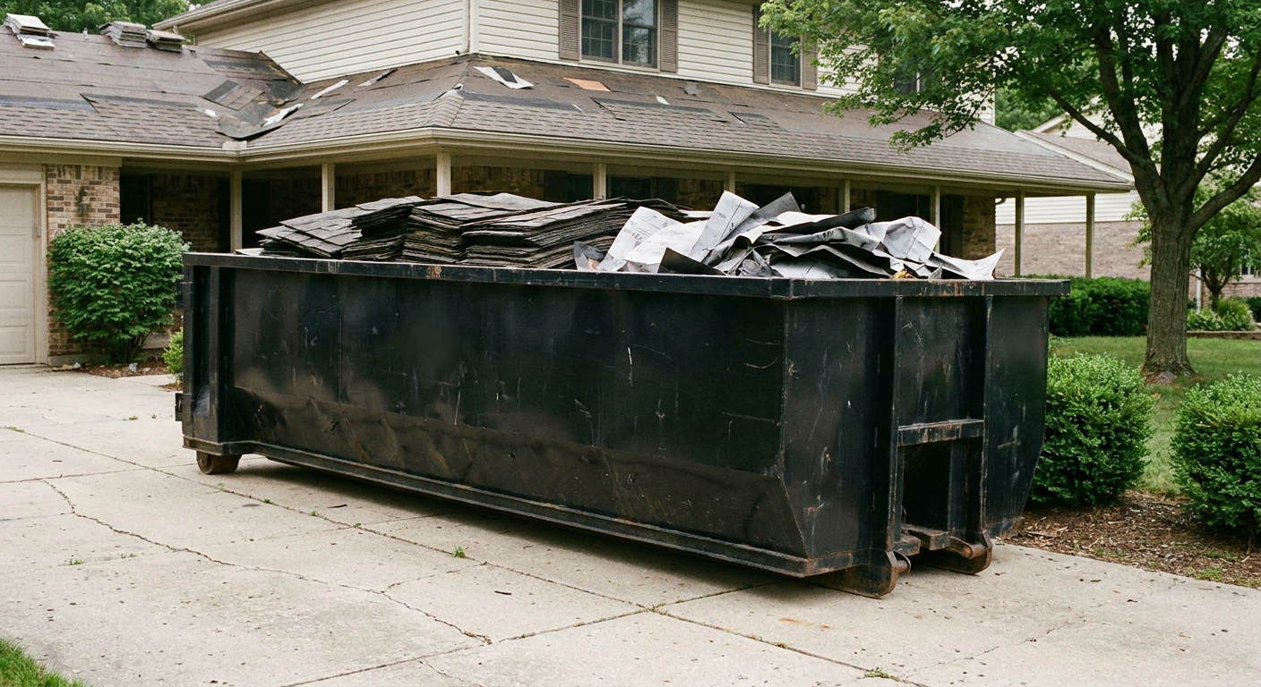 Matte-black 30-yard roofing roll-off dumpster sitting directly on a Delray Beach concrete driveway, taller ribbed steel side panels, mixed tear-off debris of asphalt shingles and underlayment inside, professional documentary daylight.