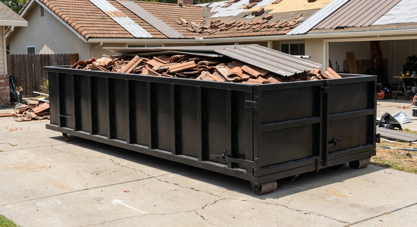Matte-black low-wall heavy-debris roofing roll-off dumpster sitting directly on a Delray Beach concrete driveway, broken concrete clay roof tiles and metal panel sections loaded inside, reinforced ribbed steel side walls visible, bright outdoor daylight.