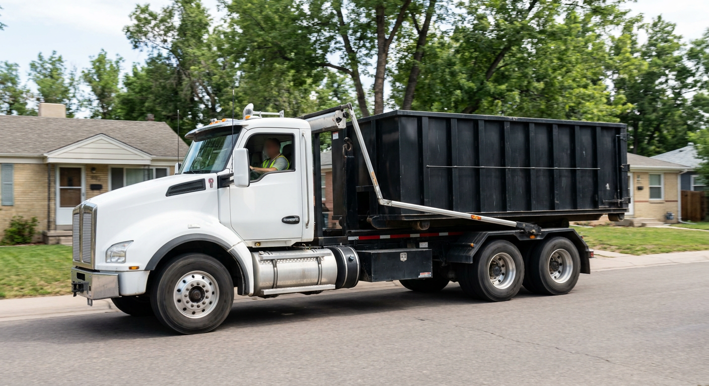 A wide documentary shot of a matte-black roll-off delivery truck pulling onto a quiet Delray Beach residential street at mid-morning, with neighborhood rooftops and tree-lined blocks visible behind, showing the metro coverage footprint.