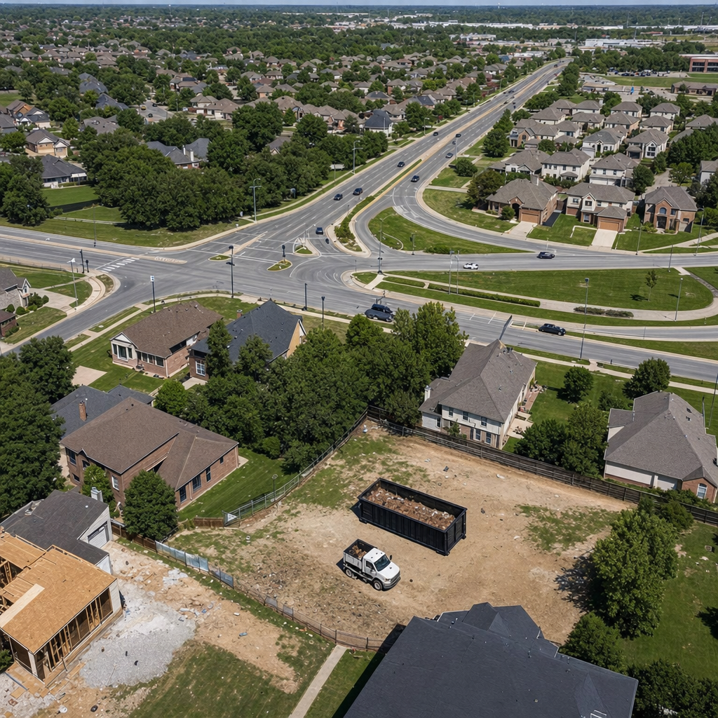 An overhead documentary view of the Delray Beach metro area at midday, showing the spread of neighborhoods, arterial roads, and the dispatch radius from a central yard — clean daylight, organized geographic layout.