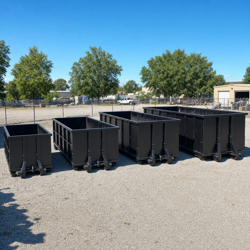 A clean lineup of matte-black roll-off dumpsters in 10, 20, 30, and 40-yard sizes staged on a sunlit gravel yard in Delray Beach, showing the size progression from compact to commercial-scale containers.