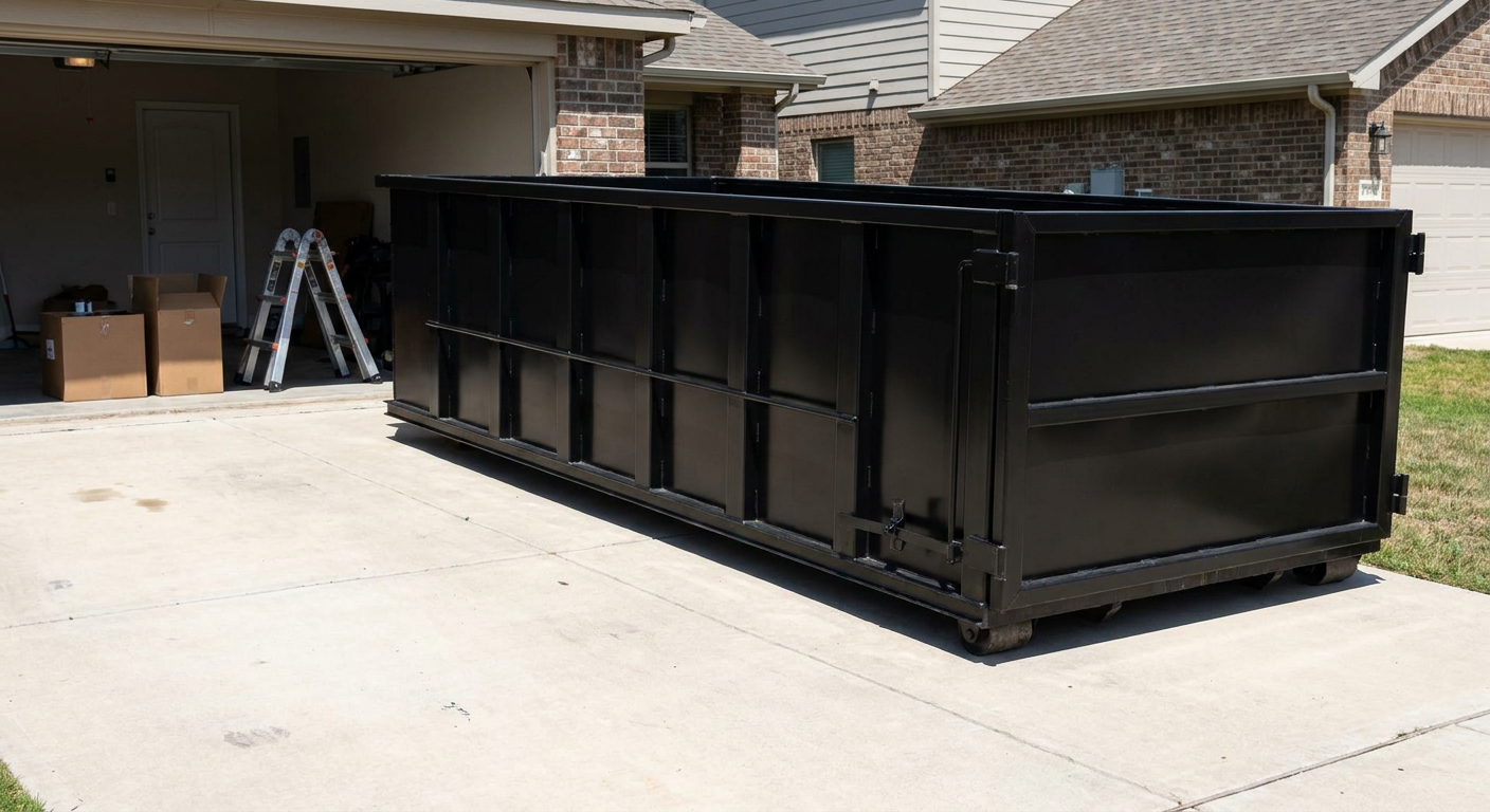 A matte-black 10-yard roll-off dumpster sitting directly on a residential Delray Beach concrete driveway, mid-day sunlight, clean and ready for a garage cleanout.