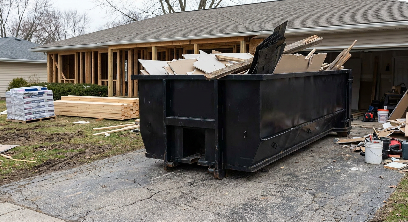 A matte-black 20-yard roll-off dumpster placed alongside a mid-renovation Delray Beach home directly on the asphalt driveway, with framing materials and torn-off shingles staged neatly nearby.