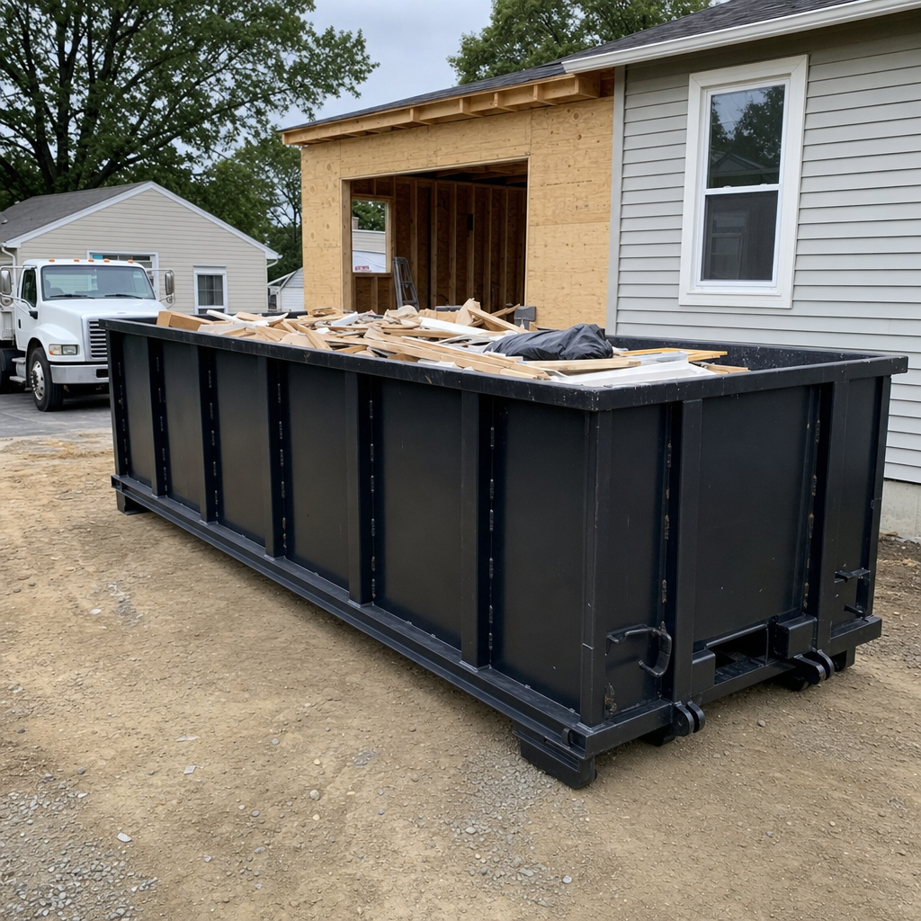 A matte-black 30-yard roll-off dumpster positioned at a Delray Beach residential addition jobsite, with framing lumber and drywall scraps loaded through the open swinging rear doors.