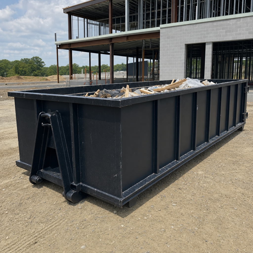 A matte-black 40-yard roll-off dumpster staged on a large Delray Beach commercial construction lot, with a hooklift delivery truck parked alongside under bright midday sky.