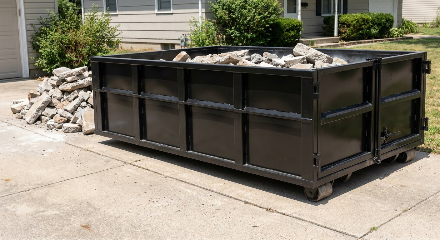 A matte-black low-side heavy-debris roll-off dumpster placed directly on a Delray Beach concrete driveway, with broken concrete chunks neatly stacked beside it under clean daylight.